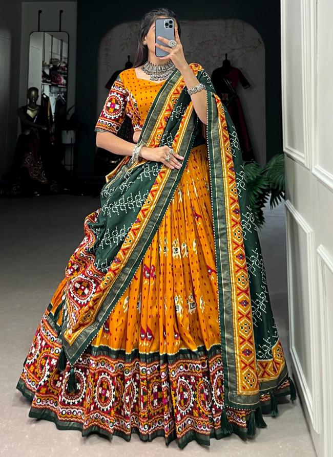 Tussar Silk Mustard Navratri Wear Patola Print Readymade Lehenga Choli